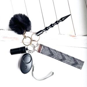 Black Self-Defense Keychain Set with Pom Pom and Wrist Strap
